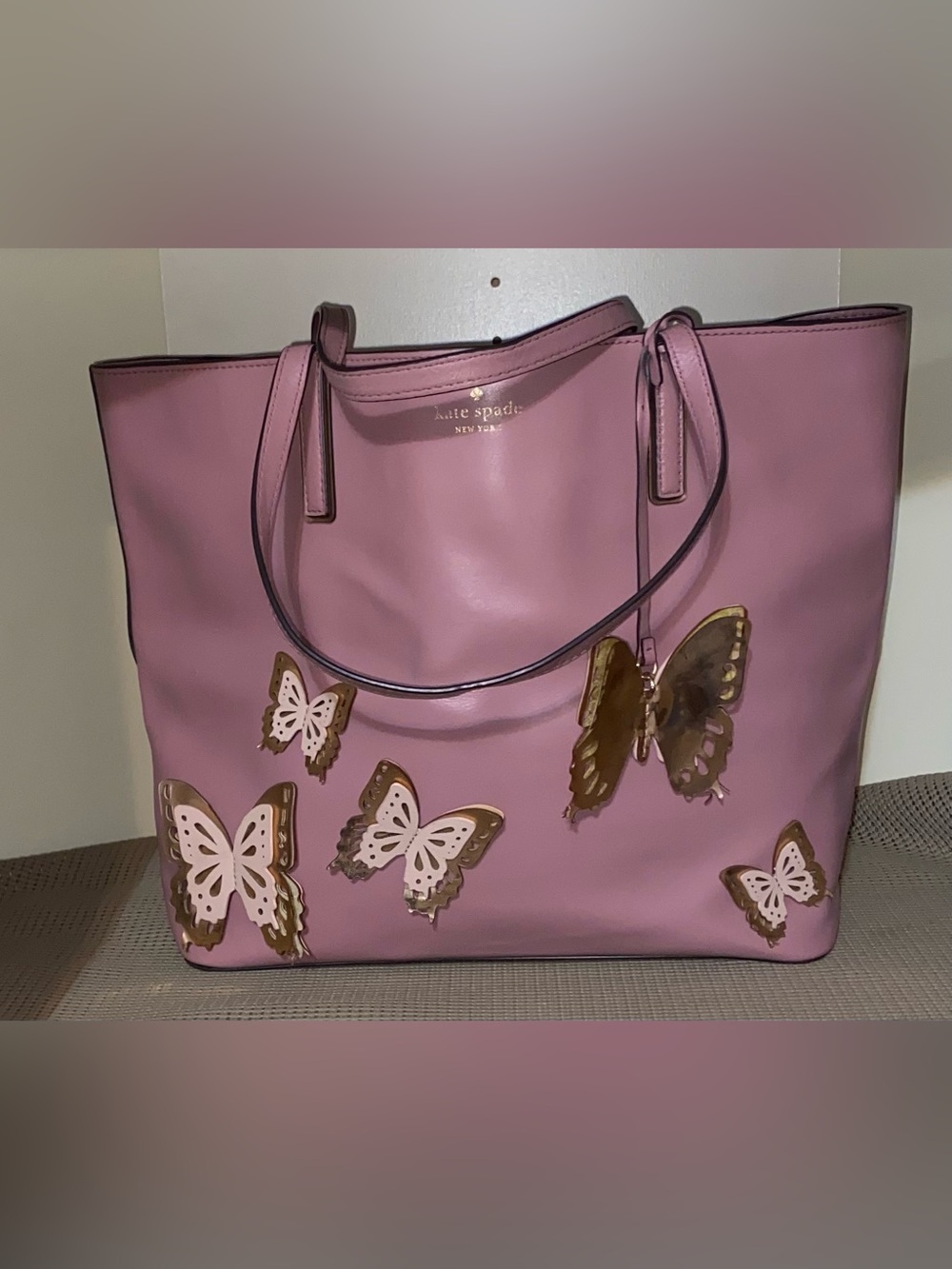 kate spade Pink Leather Butterfly Tote with Gold Accents